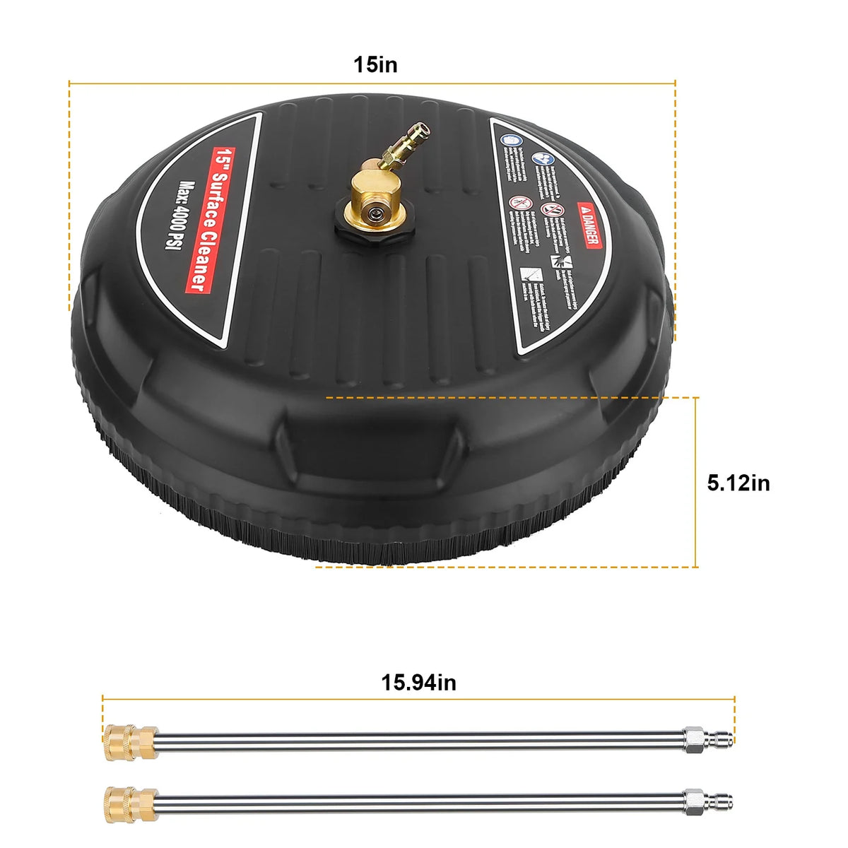 1 Set 15In High Pressure Flat Surface Cleaner 4000PSI Disc Power Washer Broom with 2 Washer Extension Wands 2Pc Replacement Nozzles