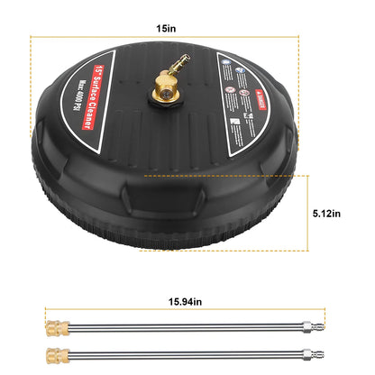 1 Set 15In High Pressure Flat Surface Cleaner 4000PSI Disc Power Washer Broom with 2 Washer Extension Wands 2Pc Replacement Nozzles