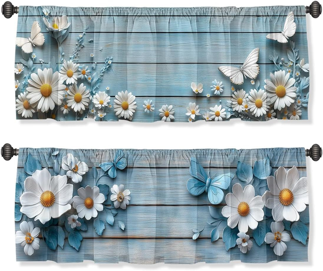 Daisy Curtain Valance for Windows 2 Pack Retro Butterfly White Blue Wood Rod Pocket Window Treatments Short Curtains for Kitchen Windows Bathroom Bedroom 54X18 Inch
