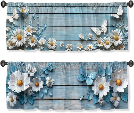 Daisy Curtain Valance for Windows 2 Pack Retro Butterfly White Blue Wood Rod Pocket Window Treatments Short Curtains for Kitchen Windows Bathroom Bedroom 54X18 Inch
