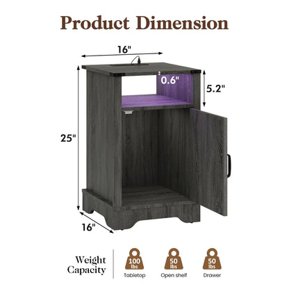 LED Nightstand Set of 2 with Charging Station, Bedside Table with Storage Cabinet and Shelf, Rustic End Table, Farmhouse Wooden Side Table, for Bedroom, Living Room, Dark Gray