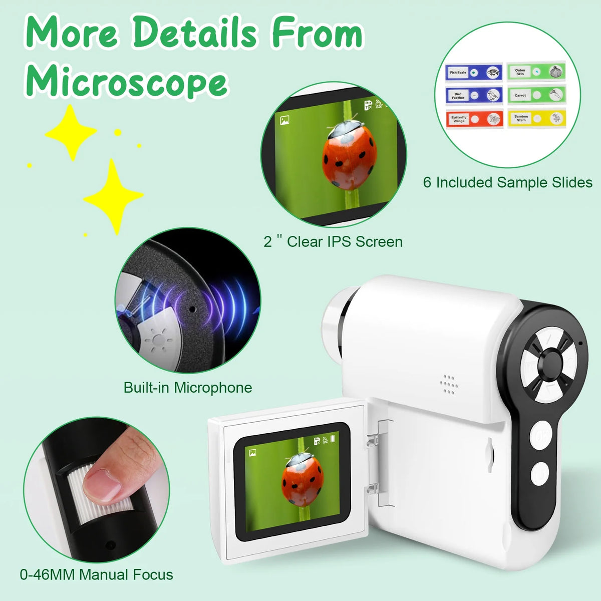 1Pc 3 in 1 Kids Microscope Telescope Camera 1,000X Handheld USB Mini Microscope with LED Light 6 Sample Slides 32G MMC Card for Boys Girls Aged 6 Years Old