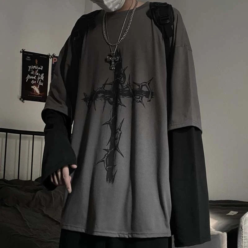 Grunge Clothes Women Long Sleeve Emo T-Shirt Casual Harajuku Men Aesthetic Pray Goth Top Alt Street Fashion Tshirts Indie Punk